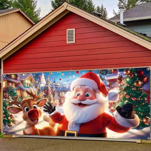 Grande Striscione Natalizio per Porta del Garage in Poliestere 100D Babbo Natale Scena Invernale Sfondo per Capodanno Casa Esterno Decorazione da Appendere