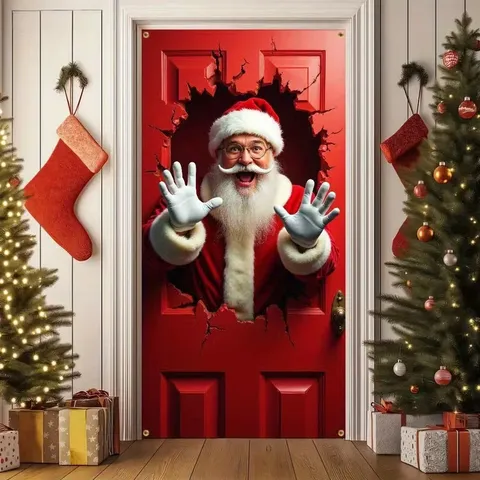 Christmas Door Curtain Santa Claus Gingerbread Pattern Xmas Holiday Home Entrance Wall Hanging Backdrop Decoration