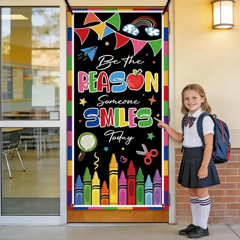 Back To School Classroom Door Cover Decoration Composition Book Crayon Print Welcome Banner Polyester Backdrop School Party Supplies