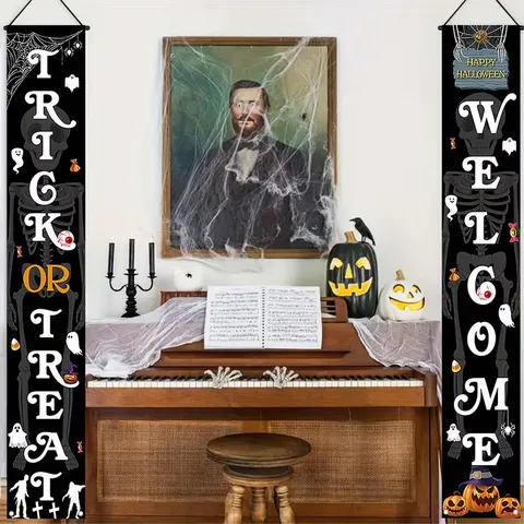 Halloween Porch Banner Set Welcome Wizards Pumpkin Ghost Skeleton Pattern Polyester Hanging Couplet For Outdoor Indoor Party Decor