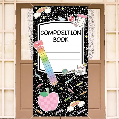 Back To School Classroom Door Cover Decoration Composition Book Crayon Print Welcome Banner Polyester Backdrop School Party Supplies