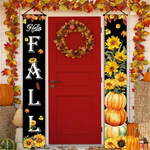 Thanksgiving Porch Banner Fall Harvest Decorations Welcome Hello Fall Hanging Sign Outdoor Indoor Door Decor Pumpkin Maple Leaf Sunflower Pattern