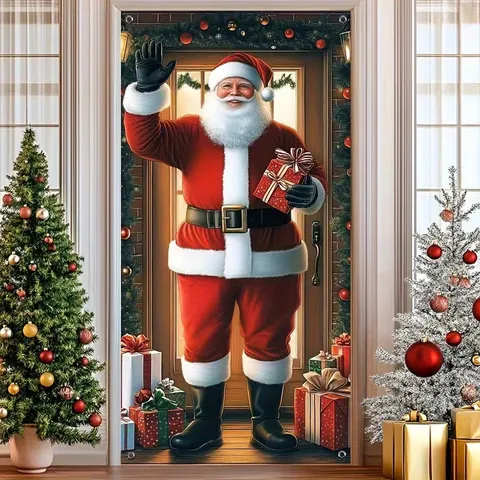 Christmas Door Curtain Santa Claus Gingerbread Pattern Xmas Holiday Home Entrance Wall Hanging Backdrop Decoration