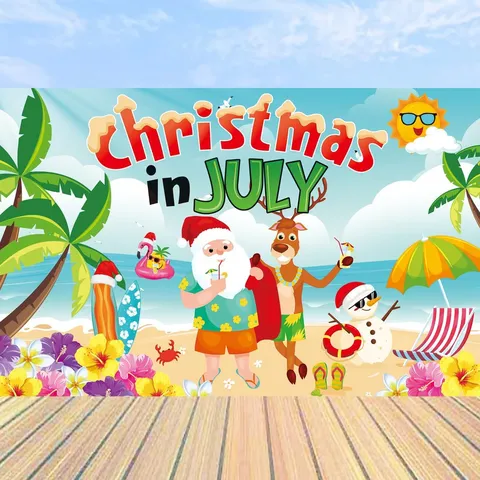 Kerstmis In Juli Achtergrond Zomer Strand Tropisch Kerstman Sneeuwpop Fotografie Achtergrond Vakantie Feest Decoratie Banner