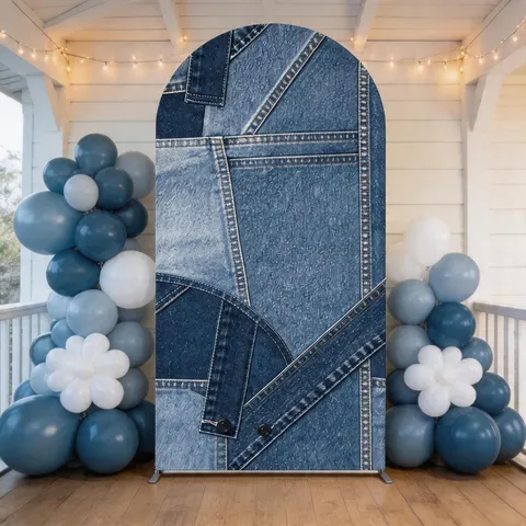 Blue Denim Patchwork Printed Arch Backdrop Cover Elastic Polyester Fabric Background For Birthday Baby Shower Party Decor