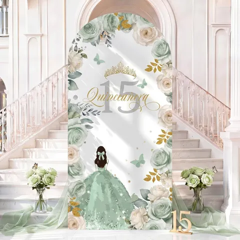 Quinceanera 15. Geburtstag Party Bogen Hintergrund Abdeckung Mädchen Prinzessin Blaue Rose Krone Schmetterling Bogen Ständer Stoff Requisiten