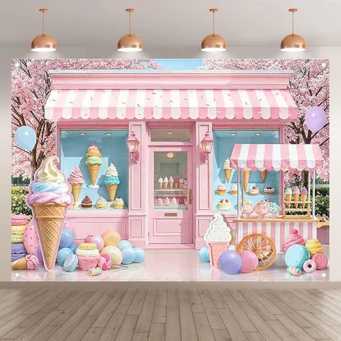 Sfondo Fotografico a Tema Gelateria Rosa Negozio di Dolci Macaron Sfondo per Decorazione Festa di Compleanno per Bambina Arazzo Banner
