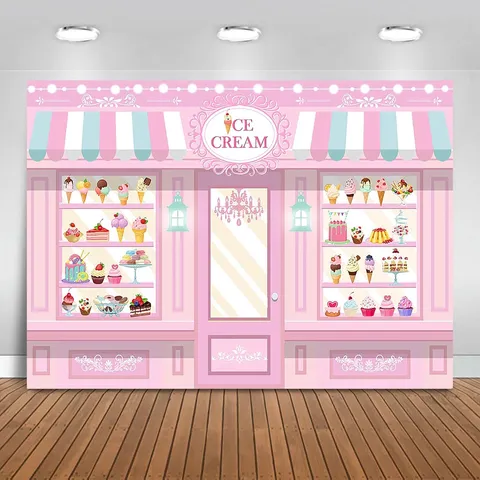 Sfondo Fotografico a Tema Gelateria Rosa Negozio di Dolci Macaron Sfondo per Decorazione Festa di Compleanno per Bambina Arazzo Banner