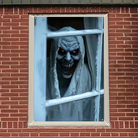 Halloween Window Cover Skull Ghost Printed Door Curtain For Haunted House Party Home Decoration Polyester Backdrop Hanging