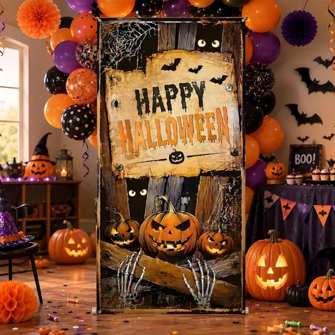 Halloween Door Curtain Horror Polyester Tapestry Pumpkin Ghost Skeleton Printed Wall Hanging Hanging Banner For Home Party Decoration