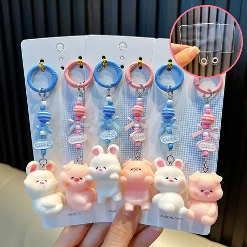 Cute Cartoon Pig Rabbit Resin Keychain With Colorful Beads Bow Pendant For Mobile Phone Strap Bag Charm Couple Gift Accessory