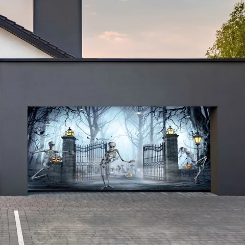 Halloween Garage Door Cover Banner Horror Spooky Skeleton Zombie Ghost Pumpkin Decorative Backdrop For Outdoor Holiday Party Decor