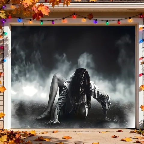 Halloween Garage Door Cover Banner Horror Spooky Skeleton Zombie Ghost Pumpkin Decorative Backdrop For Outdoor Holiday Party Decor