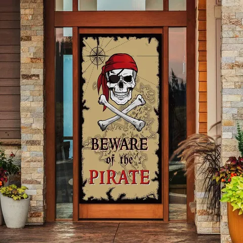 Retro Pirate Theme Door Curtain Treasure Map Skull Print Halloween Party Decoration Polyester Background Cloth Banner