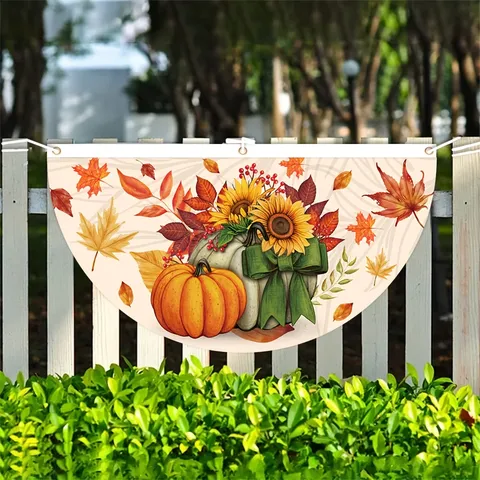 Thanksgiving Pleated Fan Flag Pumpkin Sunflower Turkey Pattern Fall Harvest Outdoor Decoration Polyester Bunting Banner For Porch Fence Party Decor