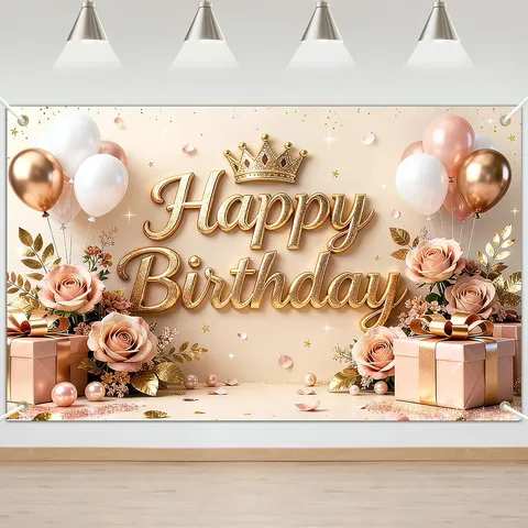 Polyester Happy Birthday Hintergrund Banner Roségold Fotografie Hintergrund Party Dekoration Festliches Geburtstag Hängeposter