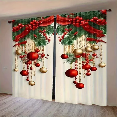 Christmas Blackout Curtain Set Holiday Polyester Pine Tree Snowflake Printed Rod Pocket Panels For Living Room Home Decor