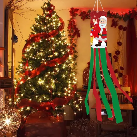Christmas Windsock Flag Outdoor Hanging Decoration Polyester Santa Snowman Pattern Garden Party Holiday Ornament