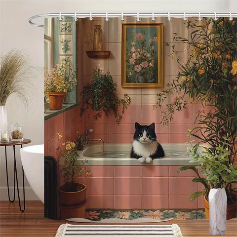 Cartoon Cat Shower Curtain Waterproof Polyester Digital Print Bathroom Decor Set Artistic Illustration Design Bath Curtain With Hooks