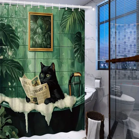 Cartoon Cat Shower Curtain Waterproof Polyester Digital Print Bathroom Decor Set Artistic Illustration Design Bath Curtain With Hooks