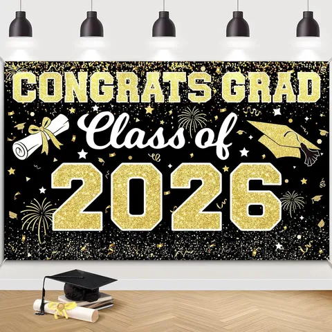 Class of 2026 Graduation Party Backdrop Banner Congratulations Grad Pongee Fabric Photography Background For High School University Ceremony Decorations