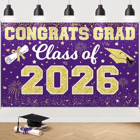 Class of 2026 Graduation Party Backdrop Banner Congratulations Grad Pongee Fabric Photography Background For High School University Ceremony Decorations