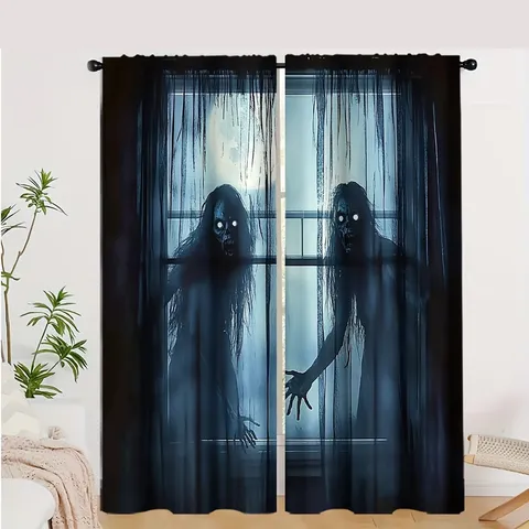 Halloween Theme Digital Printed Curtains Polyester Spooky Ghost Pumpkin Pattern Window Curtains For Living Room Bedroom Holiday Decoration