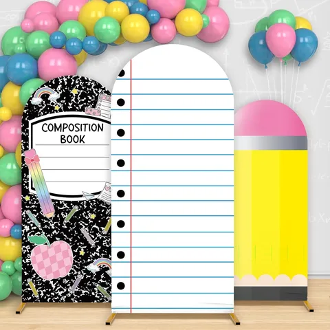 Back To School Arched Backdrop Cover Backdrop Arches Decoration For Classroom Party Pencil Notebook Design Polyester Peach Skin