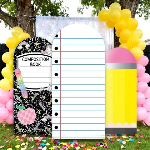 Back To School Arched Backdrop Cover Backdrop Arches Decoration For Classroom Party Pencil Notebook Design Polyester Peach Skin