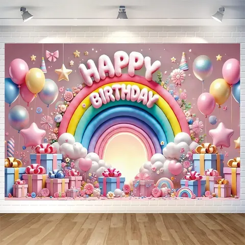 Macaron Rainbow Birthday Photography Backdrop Colorful Cloud Gift Box Printed Children Birthday Party Decoration Props Background