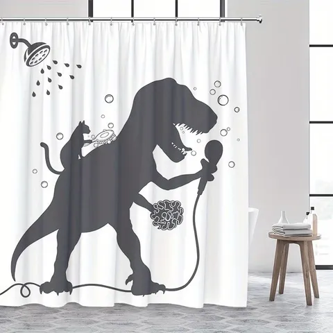 Lustiger Dinosauriër Katze Druck Duschvorhang Wasserdicht Polyester Badezimmer Trennvorhang Mit Haken Kreatives Tier Bad Dekor