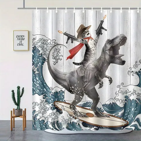 Lustiger Dinosauriër Katze Druck Duschvorhang Wasserdicht Polyester Badezimmer Trennvorhang Mit Haken Kreatives Tier Bad Dekor
