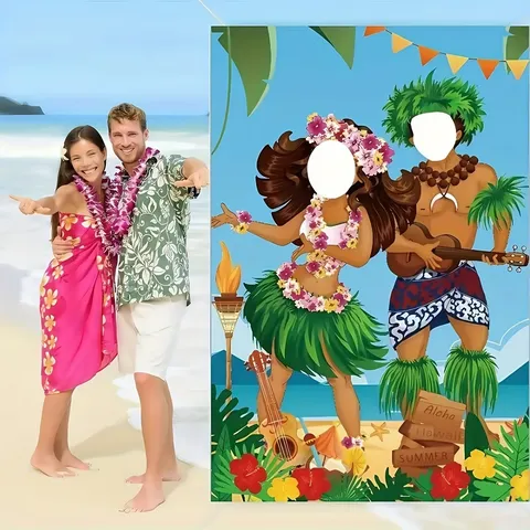 Hawaiian Luau Party Photo Prop Backdrop Tropical Beach Hula Dancer Hollow Face Cutouts Pongee Fabric Banner For Kids