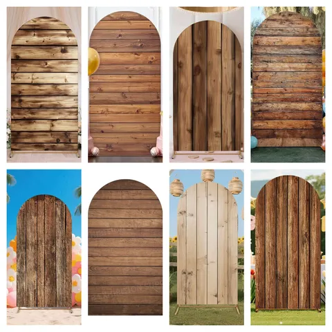Vintage Wood Grain Arch Backdrop Cloth Rustic U-Shaped Party Decoration Photography Prop For Birthday Baptism Celebration