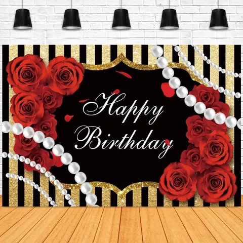 Happy Birthday Fotohintergrund Hintergrund Schwarz Weiß Gestreift Rote Rosen Floral Perlen Gold Glitzer Polyester Banner Party Dekoration