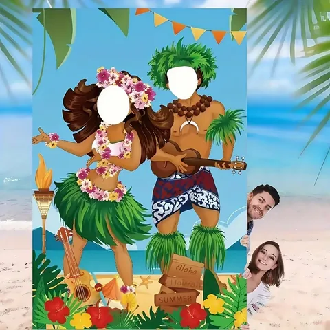 Hawaiian Luau Party Photo Prop Backdrop Tropical Beach Hula Dancer Hollow Face Cutouts Pongee Fabric Banner For Kids