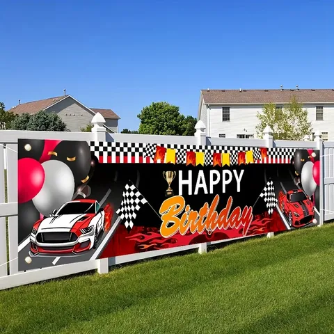 Rennwagen Thema Happy Birthday Banner Polyester Geblokte Vlag Sportwagen Print Buitentuin Feest Decoratie Bord Achtergrond