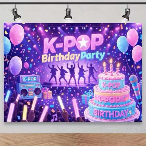 Fondo de Fiesta de Cumpleaños K-POP Decoración de Fotografía de Concierto de Música Púrpura Azul Neón Tapiz de Poliéster Banner para Fans