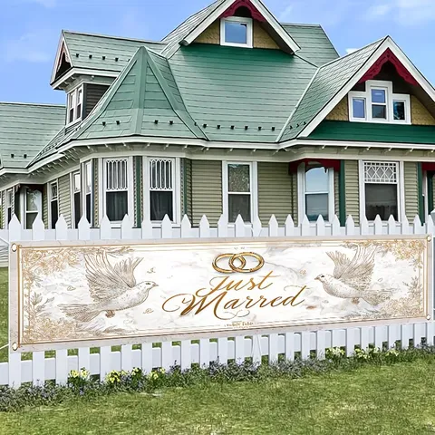 Frisch Vermählt Hochzeit Banner Dekoration Marmor Hintergrund Goldene Tauben Ringe Druck Polyester Party Hintergrund Hängeschild
