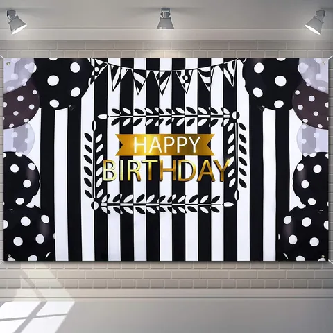 Happy Birthday Fotohintergrund Hintergrund Schwarz Weiß Gestreift Rote Rosen Floral Perlen Gold Glitzer Polyester Banner Party Dekoration