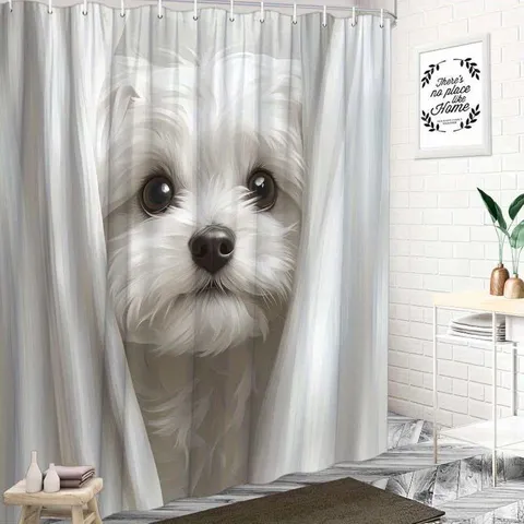 Cortina de Ducha con Patrón de Cachorro Divertido Impermeable de Poliéster Decoración de Baño Con Ganchos Accesorios de Baño Lavables
