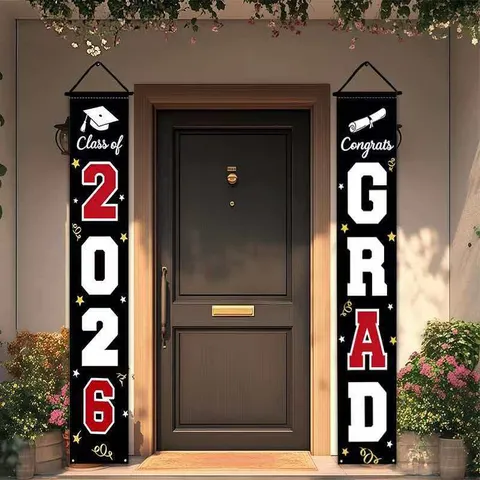 Graduation Porch Banner Set Congrats Grad Class of 2026 Couplet Polyester Outdoor Hanging Flag Party Decoration Supply