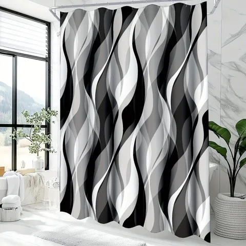 Modern Minimalist Black And White Geometric Wave Print Shower Curtain Waterproof Polyester Bathroom Decor Shower Curtain Set