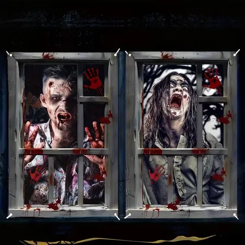 Halloween Horror Fensterfahne Blutige Zombie Clown Skelett Polyester Hintergrund Für Spukhaus Party Innen Außen Dekoration