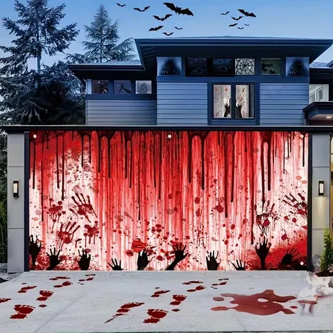 Halloween Garage Door Banner Large Outdoor Holiday Decoration Pongee Polyester Ghost Pumpkin Skull Blood Print Spooky Party Backdrop