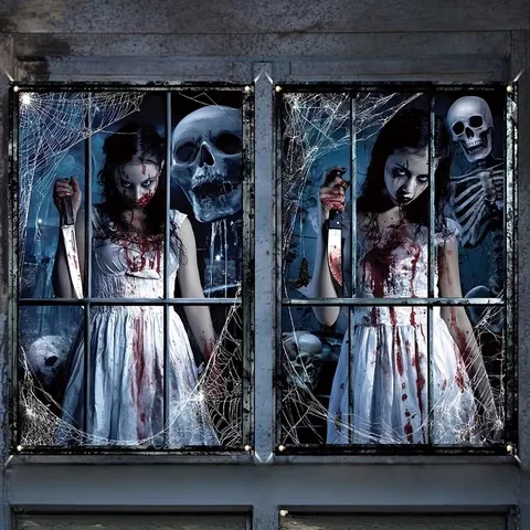 Halloween Horror Fensterfahne Blutige Zombie Clown Skelett Polyester Hintergrund Für Spukhaus Party Innen Außen Dekoration