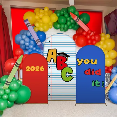 Cartoon ABC Abschluss Thema Bogen Hintergrund Abdeckung Kit Kinder Kindergarten Foto Set Event Party Hintergrund Deko