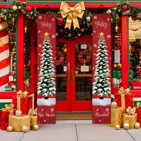 Vintage Cartoon Christmas Porch Banner Welcome Sign Outdoor Hanging Decor Santa Snowman Printed Holiday Party Door Decoration