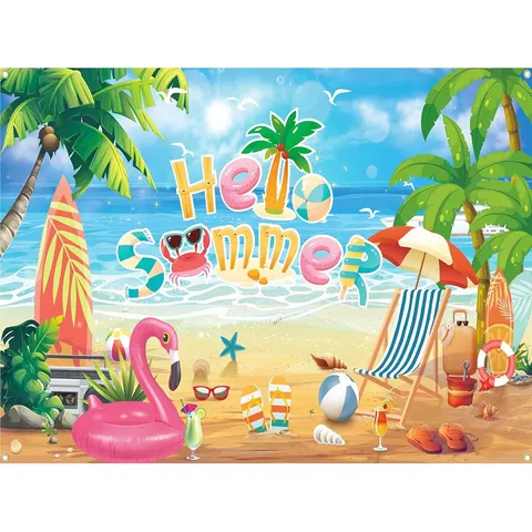 Hello Summer Tropical Beach Party Background Cloth Pongee Polyester Wall Hanging Tapestry For Summer Sea Party Home Decoration