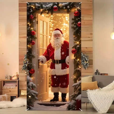 Christmas Door Curtain Santa Claus Snowman Gingerbread Man Printed Polyester Porch Hanging Banner For Holiday Decor